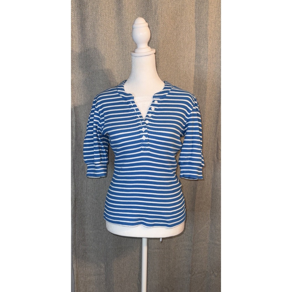 Rails Jewel Top Women's Size Small Blue Strip Micro Rib Henley Short Sleeve